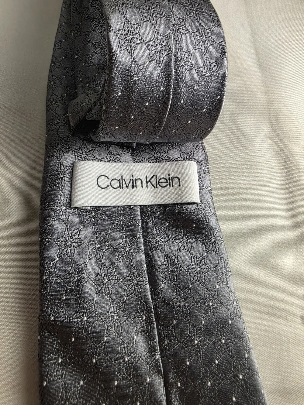 Calvin Klein Gray Silk Tie with Subtle Dot & Geometric Motif